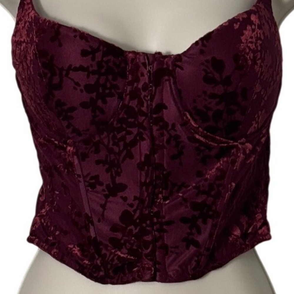 Lulus Burgundy Floral Burnout Velvet Bustier Corset Top Underwire Crop Size M - Picture 7 of 8